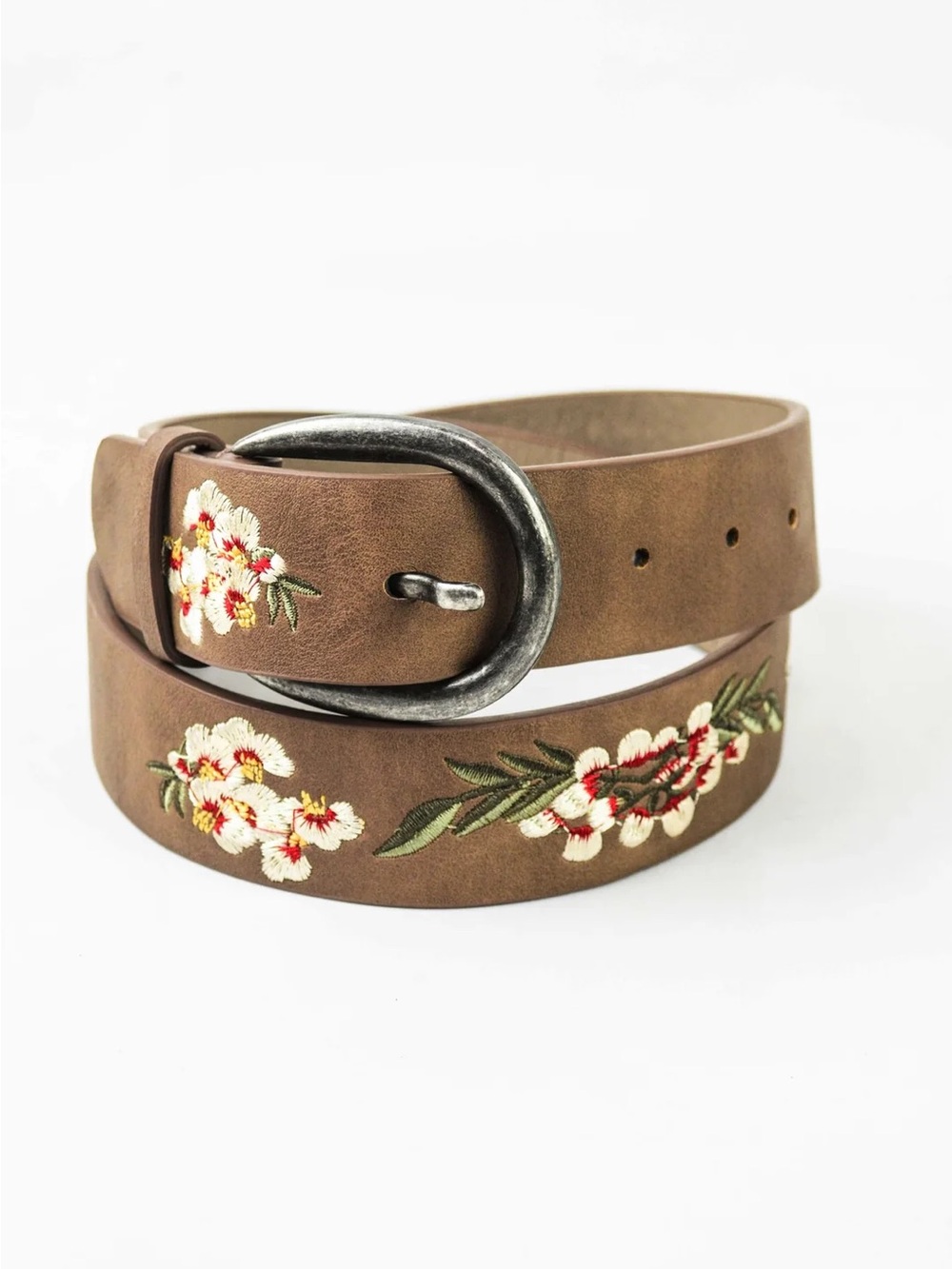 Embroidered Floral Brown Vegan Leather Belt